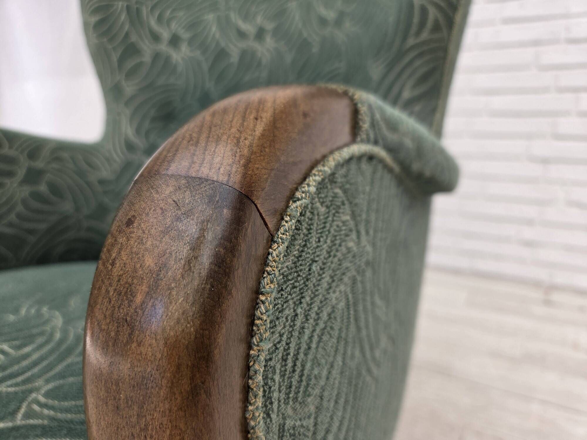1960s, Danish armchair, green furniture velour, beech wood.