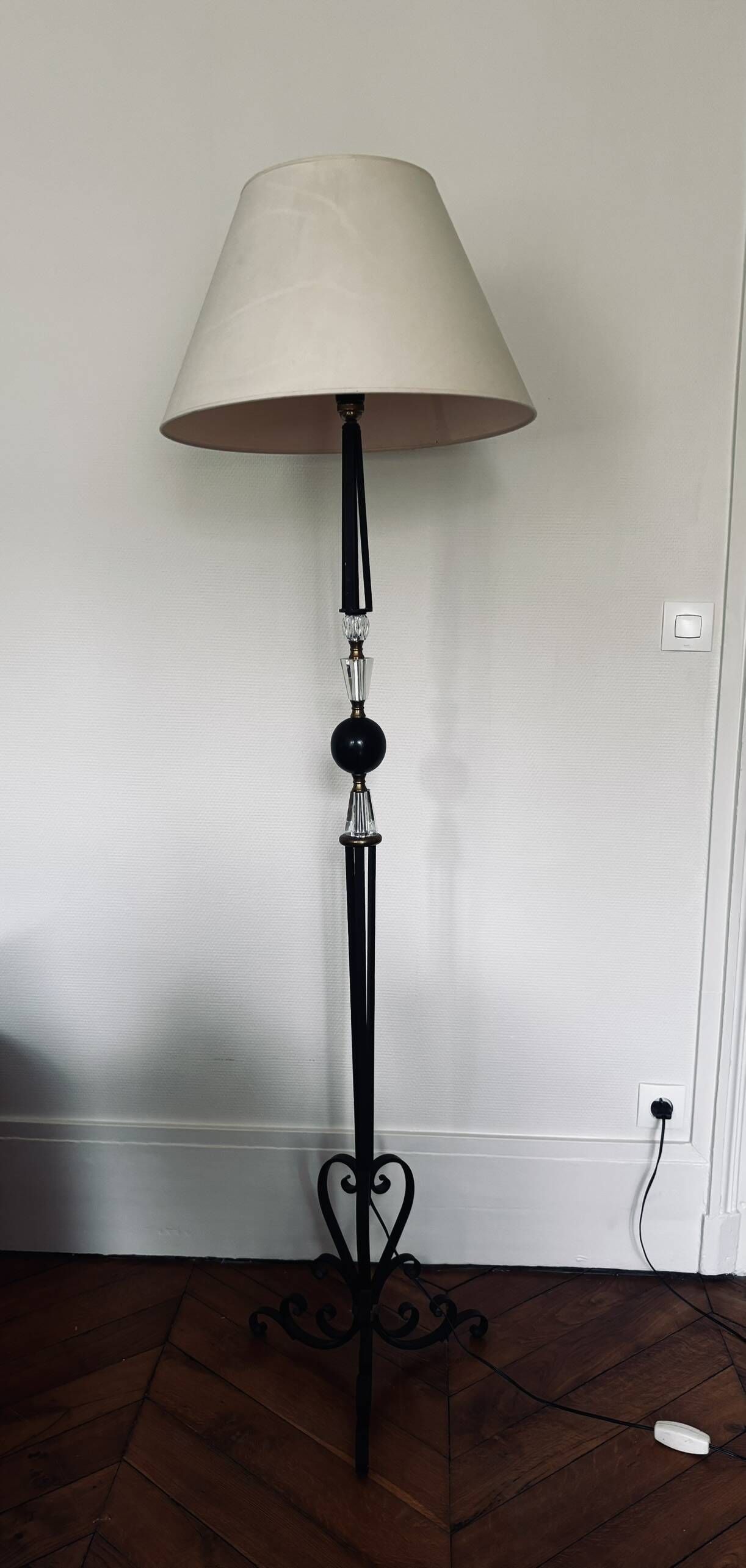 1950s floor lamp - wrought iron, gilded brass, and Sèvres crystal