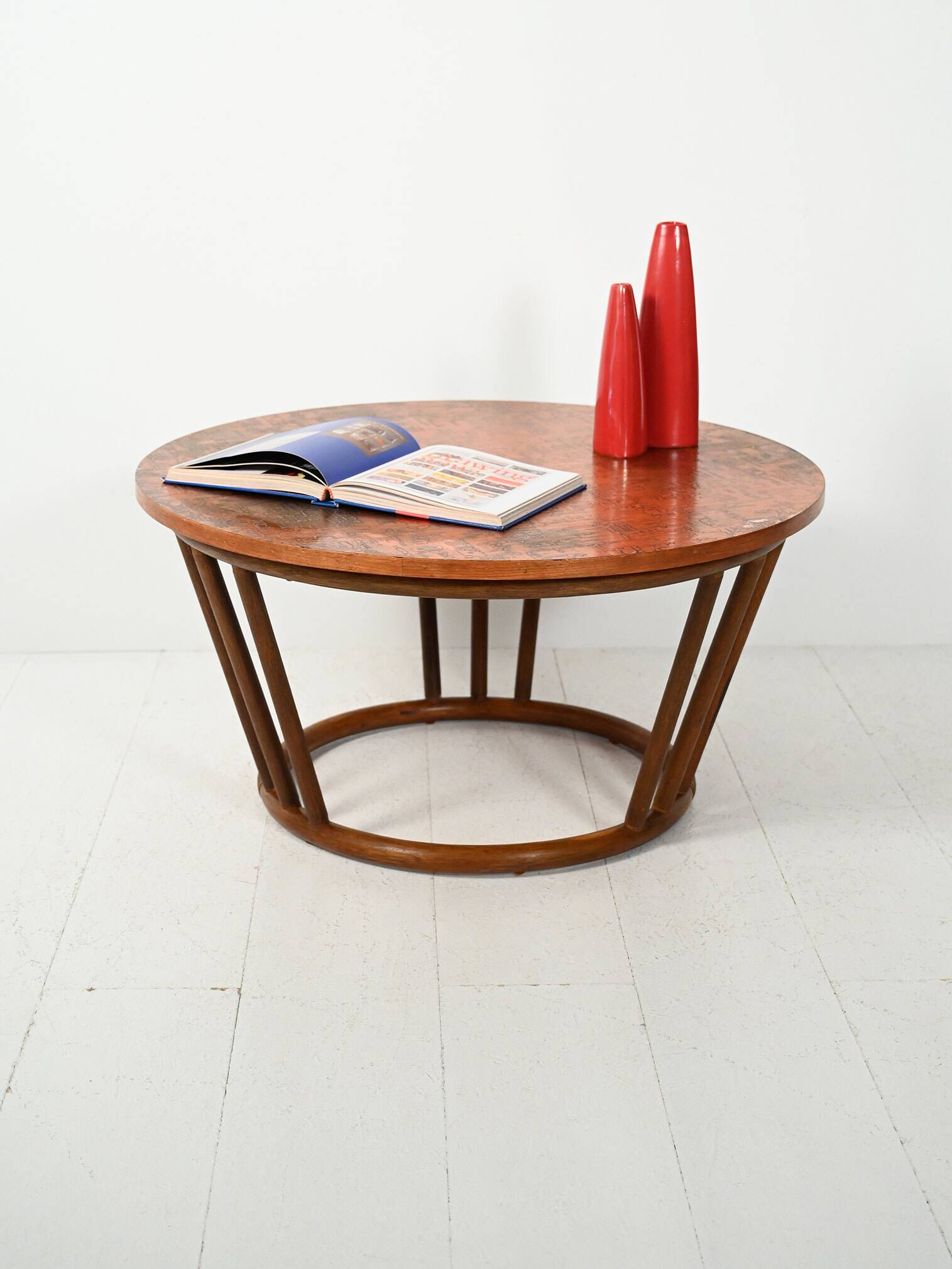Scandinavian round bamboo and copper coffee table