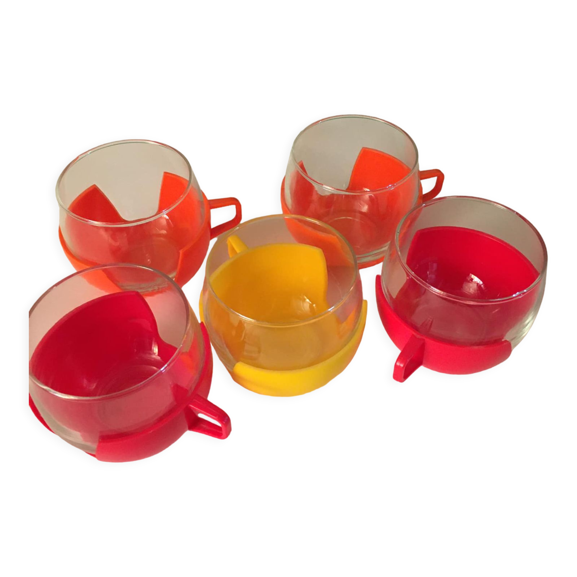 5 vintage glass cups and removable plastic support from the 70s in bright colors