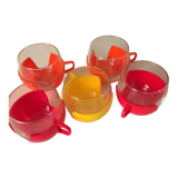 5 vintage glass cups and removable plastic support from the 70s in bright colors