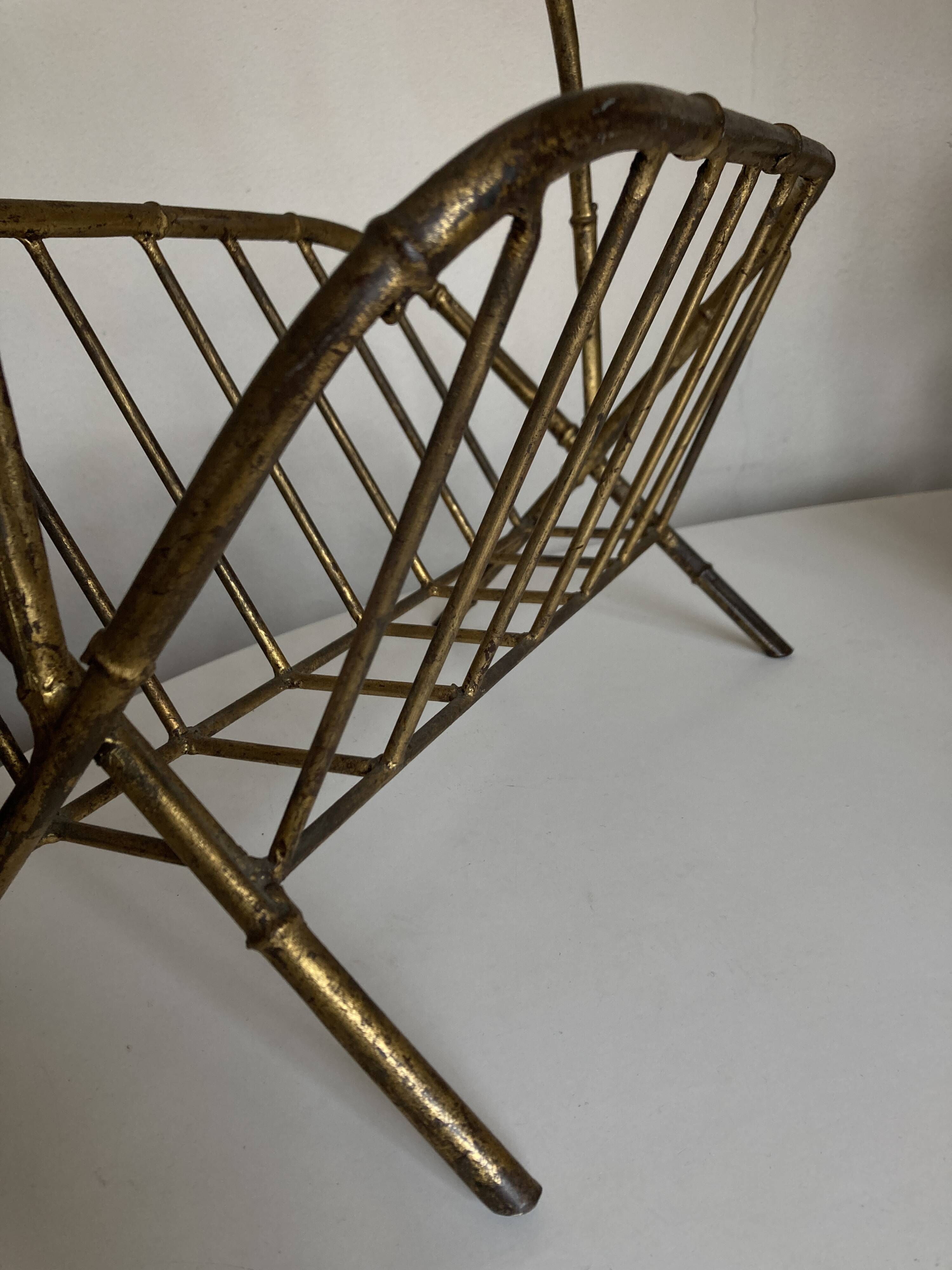 1960s magazine rack in gilded wrought iron, faux bamboo, Italian work