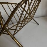 1960s magazine rack in gilded wrought iron, faux bamboo, Italian work