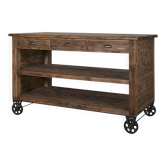 Central kitchen island in the style of a patinated wooden workbench.