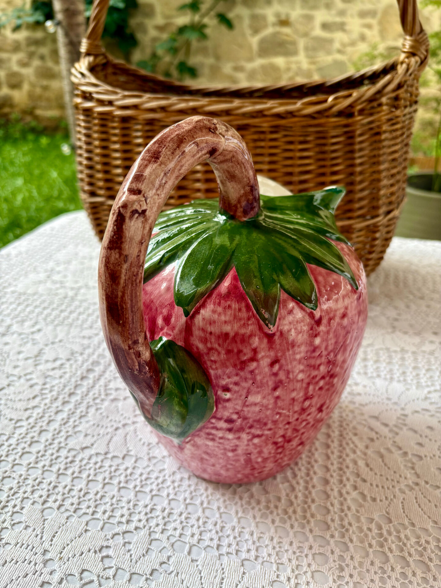 Large strawberry barbotine jug Bassano Italy