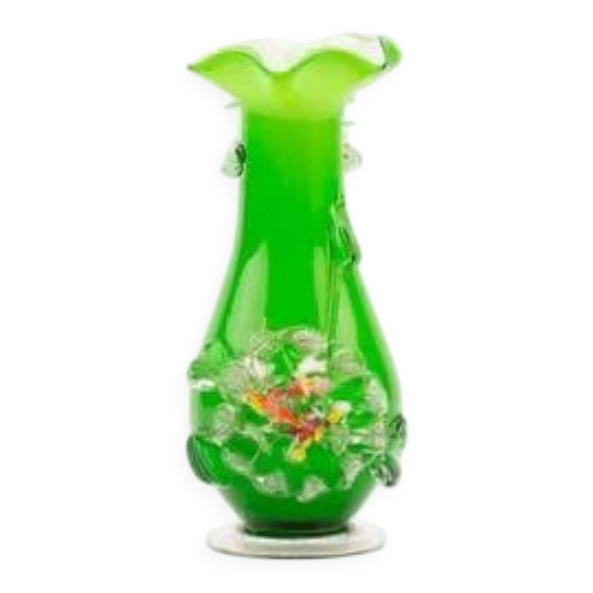 Excentric green blown glass vase with relief flowers Murano