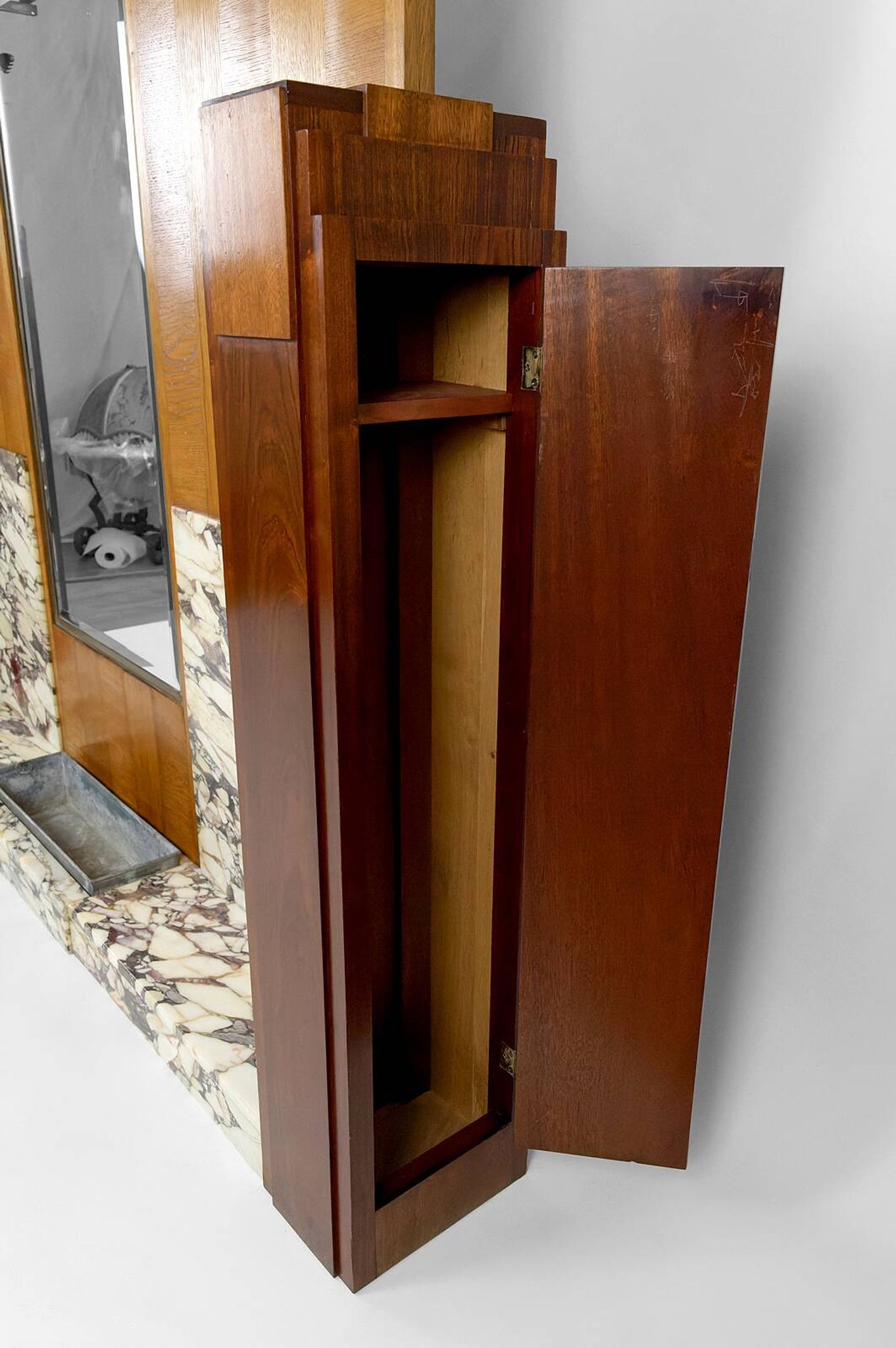 Large Art Deco wardrobe in oak, marble and mahogany, circa 1925
