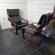 Pair of Scandinavian armchairs in leather and curved wood