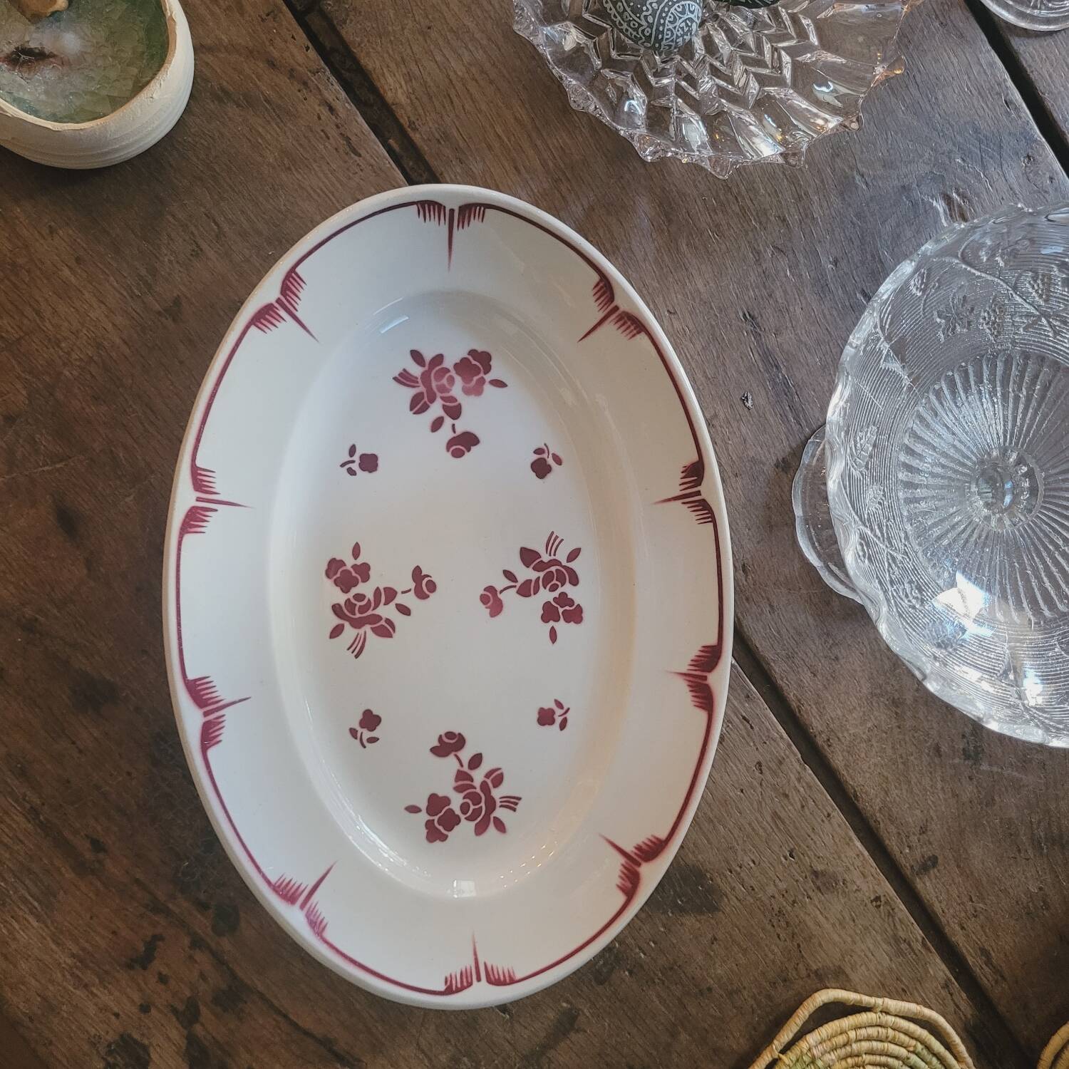 Oval dish with red floral decoration from the 40s