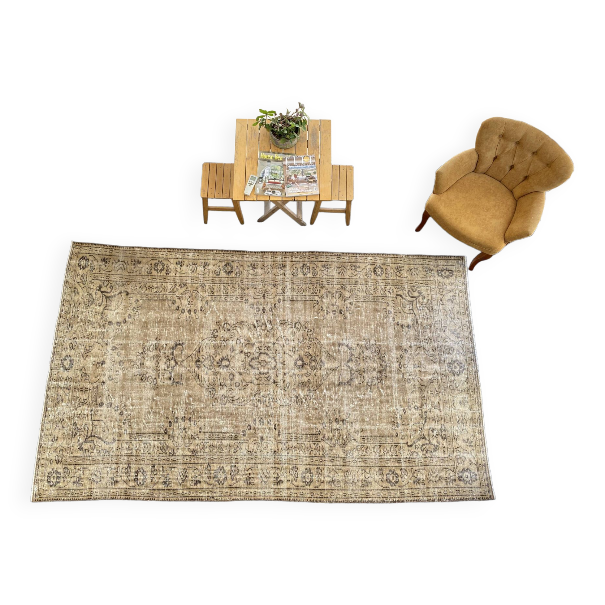 Tapis Oushak beige décor rustique, 6x10, surteint sable, pour salon, MOON.145