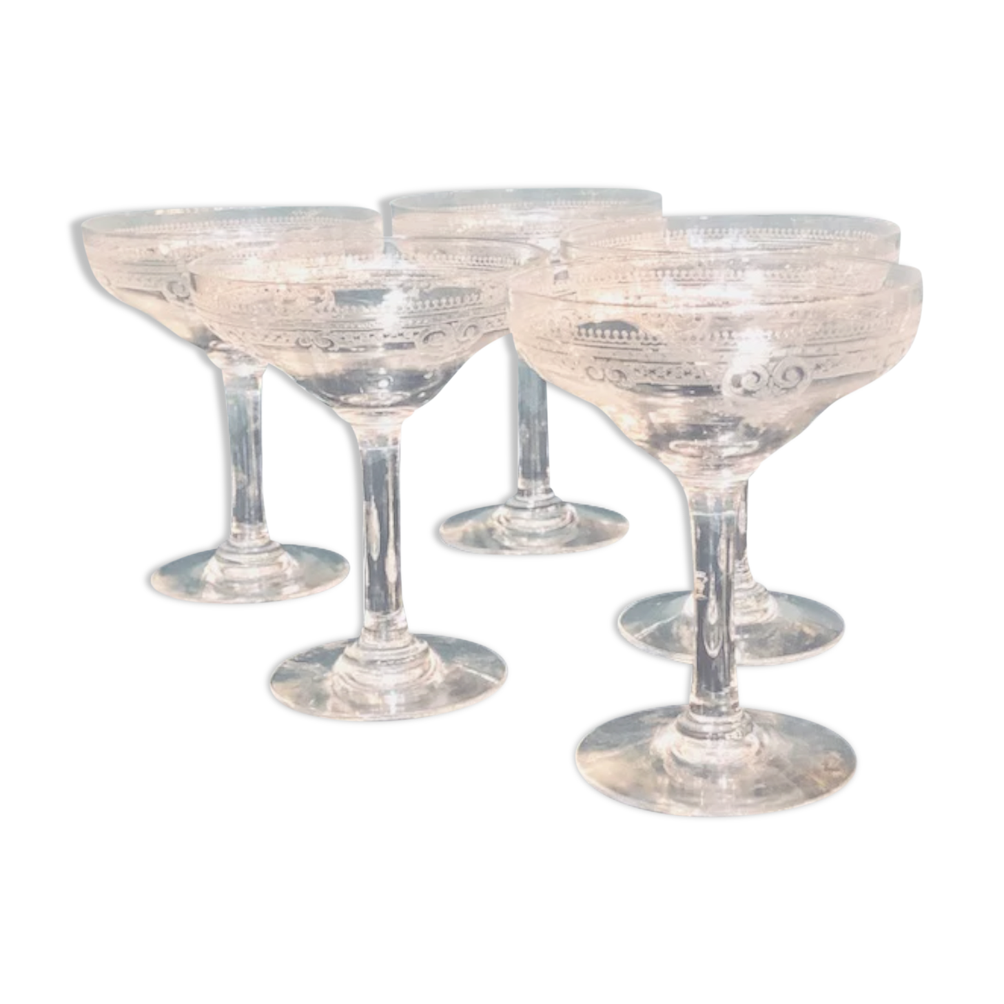 5 champagne glasses in chiseled crystal