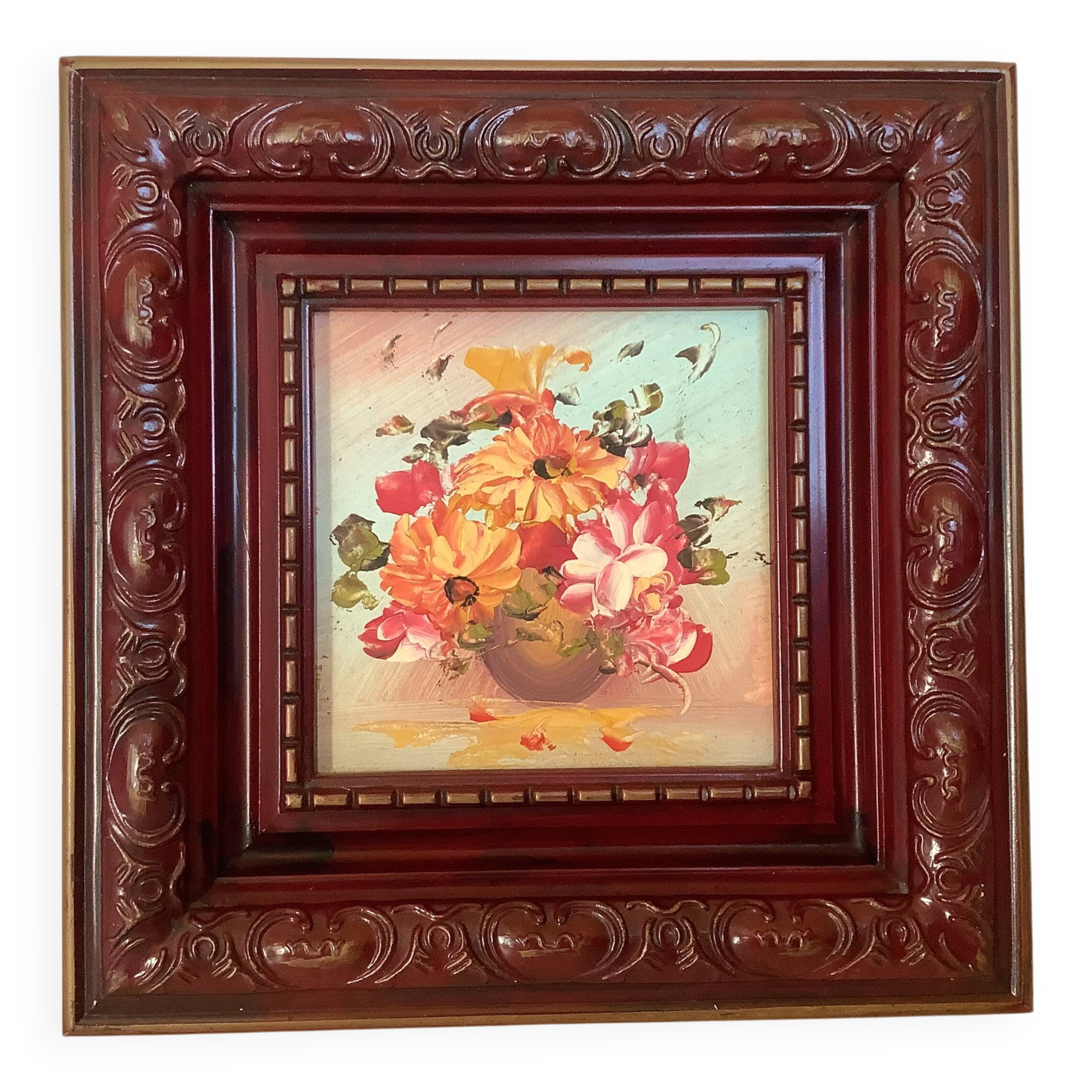 Mini painting of a flower bouquet in oil on panel.