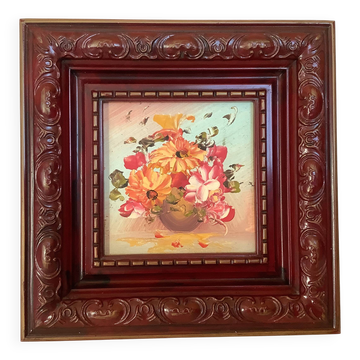 Mini painting of a flower bouquet in oil on panel.