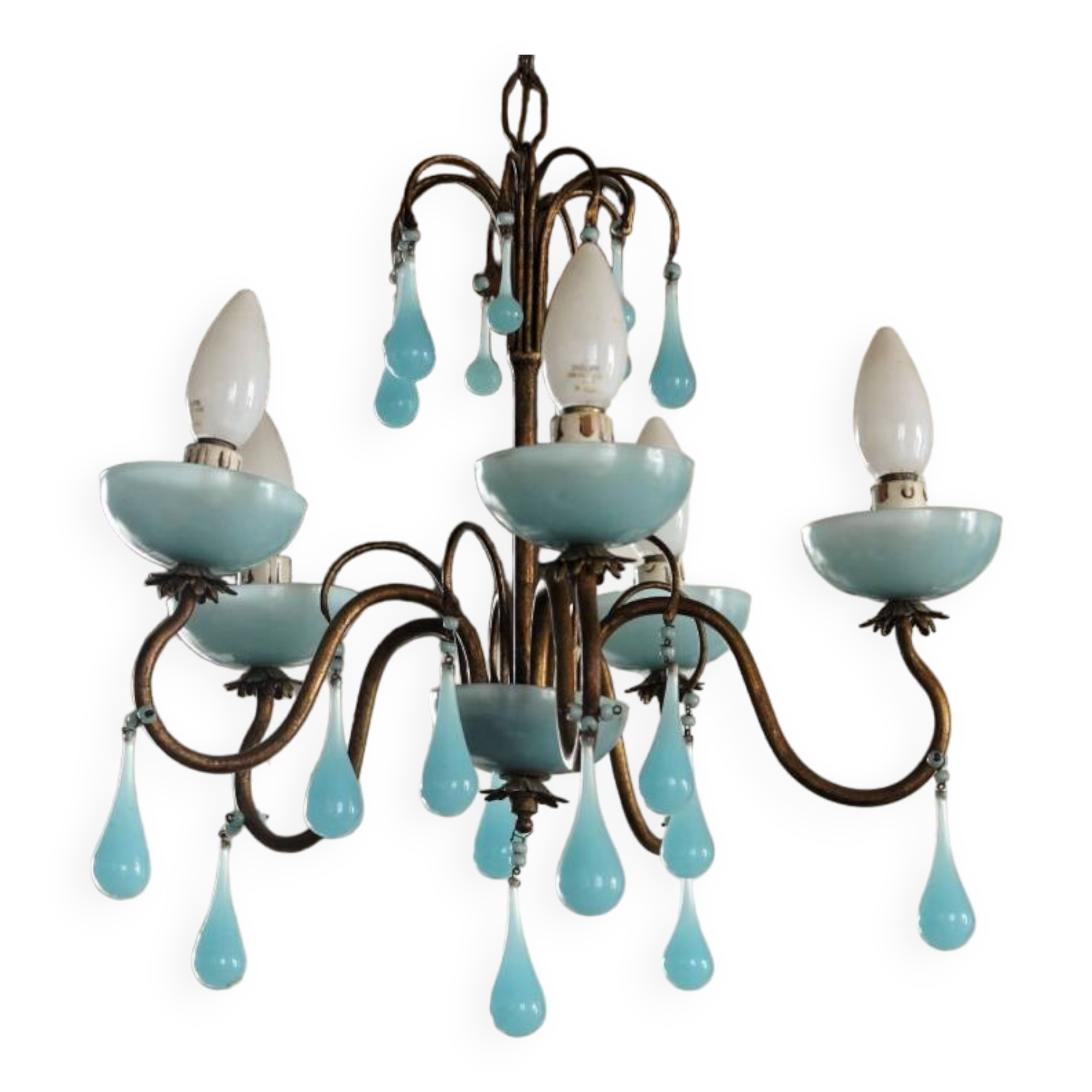 5-light chandelier in brass and blue opaline, 1950s