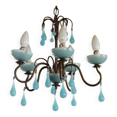 Lustre 5 feux en laiton et opaline bleue, années 50