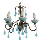 Lustre 5 feux en laiton et opaline bleue, années 50