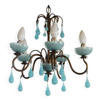 5-light chandelier in brass and blue opaline, 1950s