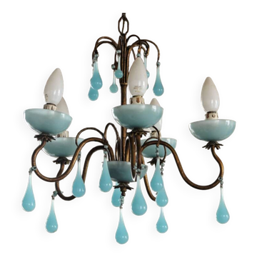 Lustre 5 feux en laiton et opaline bleue, années 50