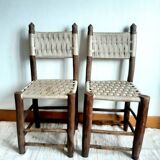 Brutalist wooden and rope chairs
