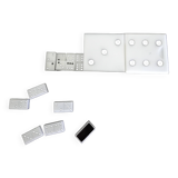Complete set of miniature dominoes in black and white box.