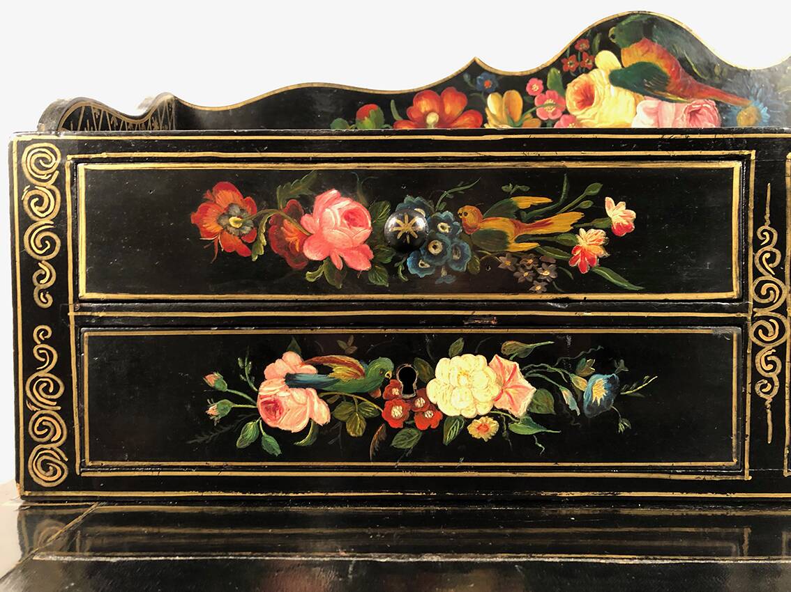 Bonheur du jour in black lacquered wood with rich painted decorations of flowers and birds, Napoleon III