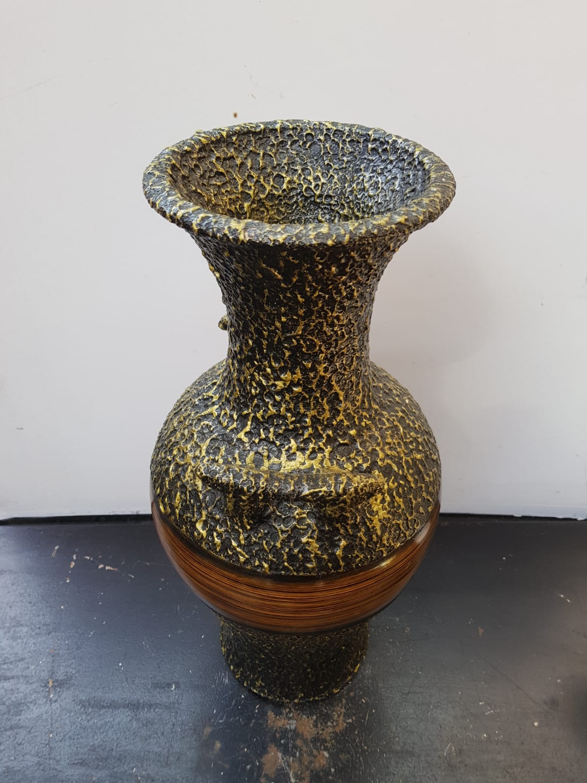 Vase large model black ceramic gold & brown vintage wood imitation