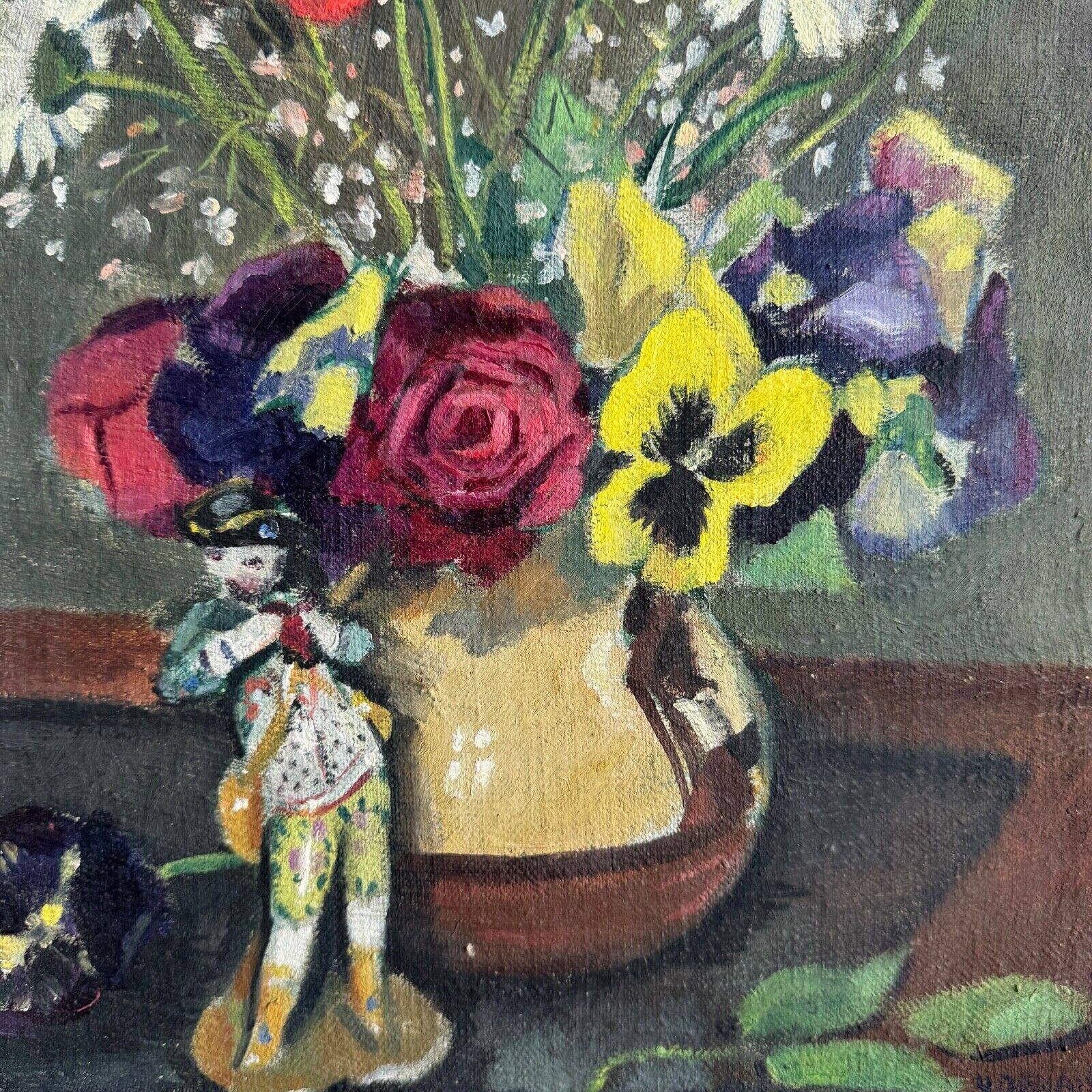 Oil on canvas still life with flowers and statuette 1920