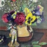 Oil on canvas still life with flowers and statuette 1920