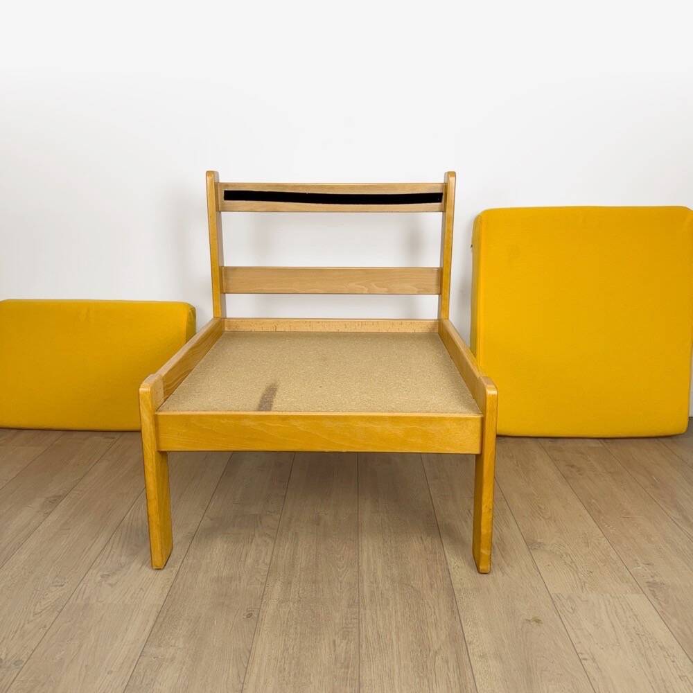 Pair of vintage Scandinavian armchairs in pine and fabric.