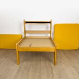 Pair of vintage Scandinavian armchairs in pine and fabric.