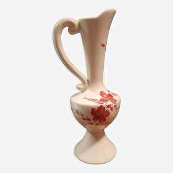 Aiguière, vase faïence Vallauris, blanc motif floral rose - modèle Isabelle signé Claude Paci - 1970