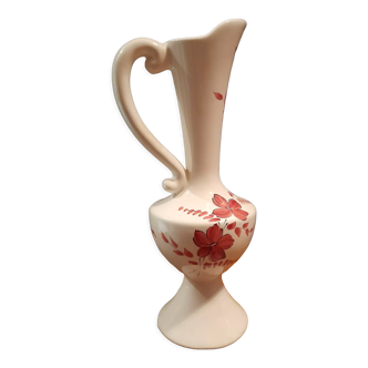Aiguière, vase faïence Vallauris, blanc motif floral rose - modèle Isabelle signé Claude Paci - 1970