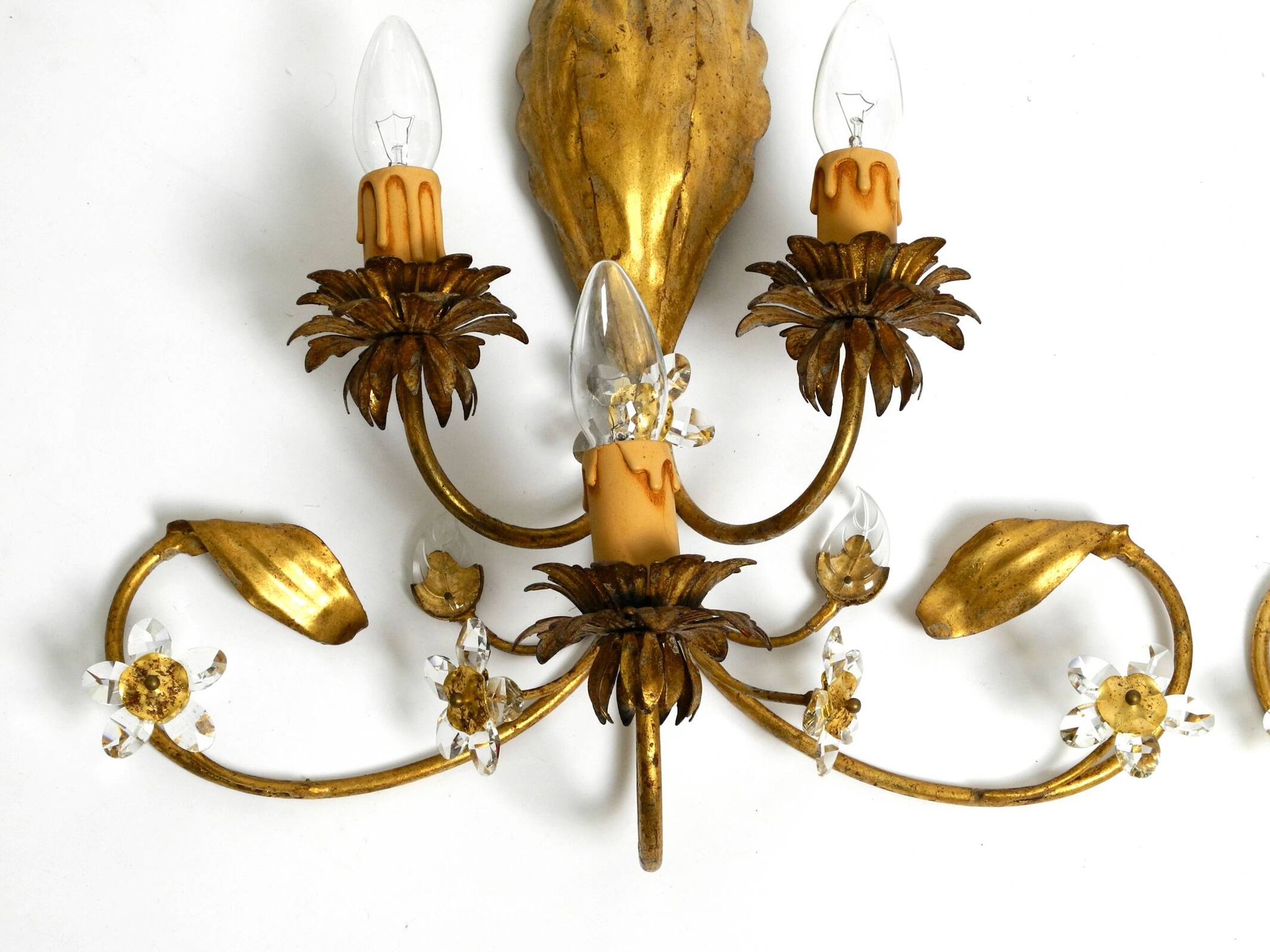 Pair of gold plated Italian 1980's floral Regency Murano glass sconces