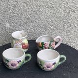Lunch service in enameled ceramic, slip, white, pink and green, vintage