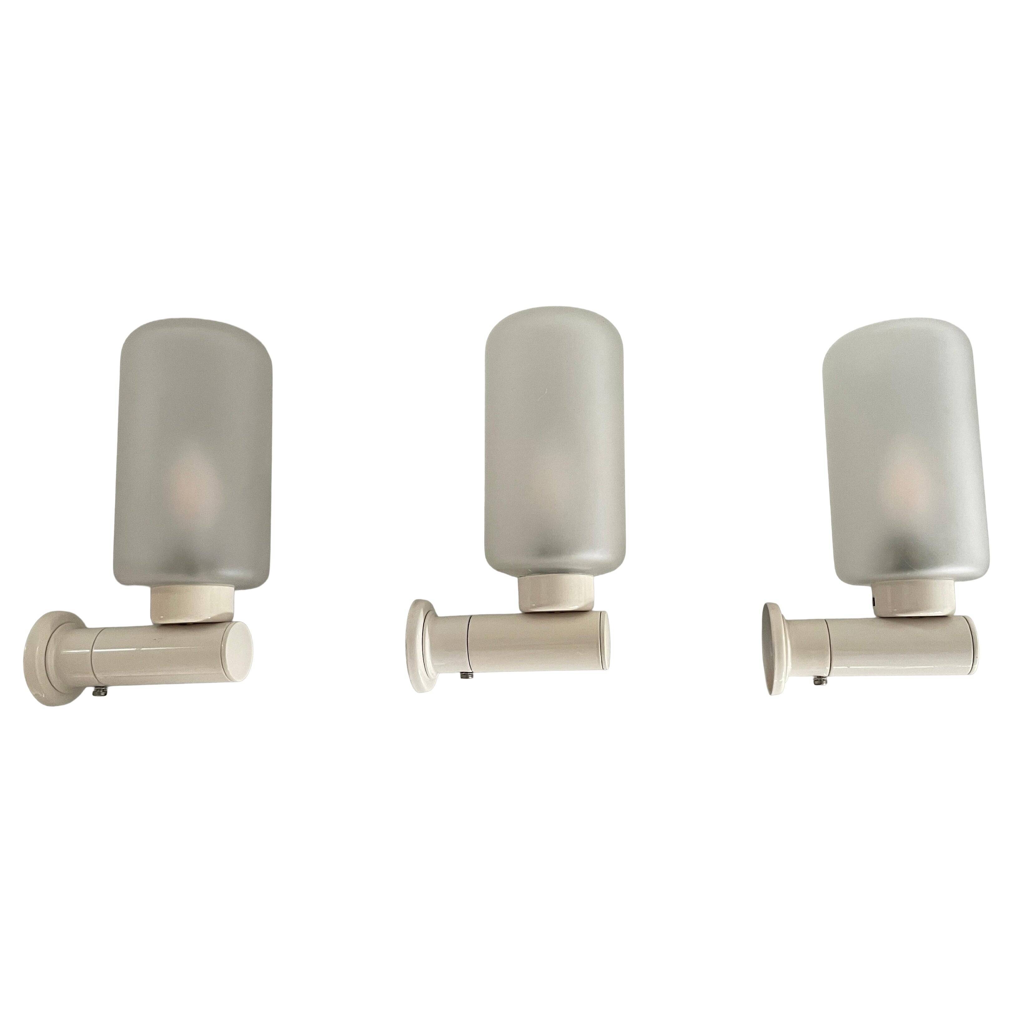 Set of 3 semi-transparent glass and white metal wall lights, 1960, Germany
