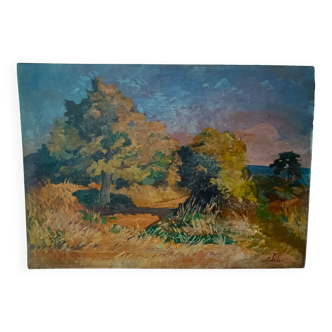 Oil painting on hardboard landscape "le tamerici livorno" painter carlo pupi 1939