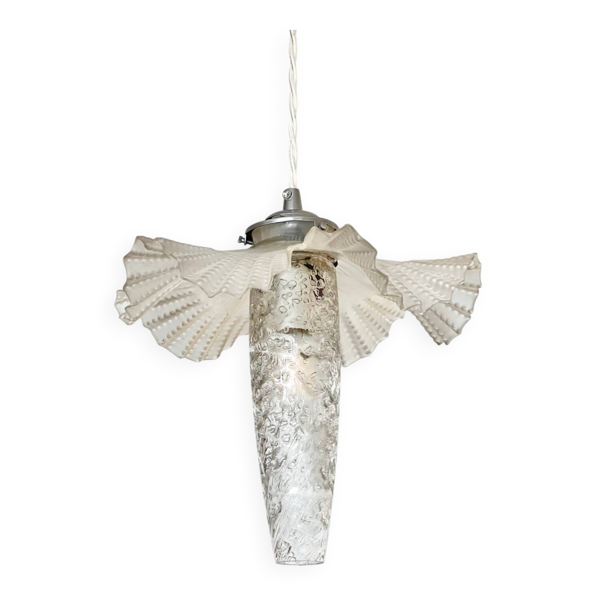 Vintage frosted opaline and art-deco tulip pendant light.