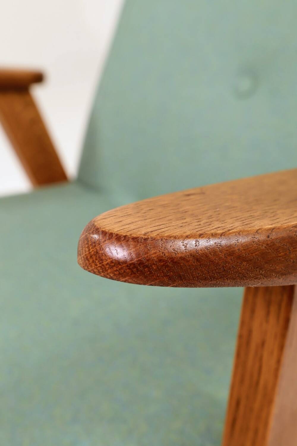 Vintage armchair 366 in solid oak, wool fabric.
