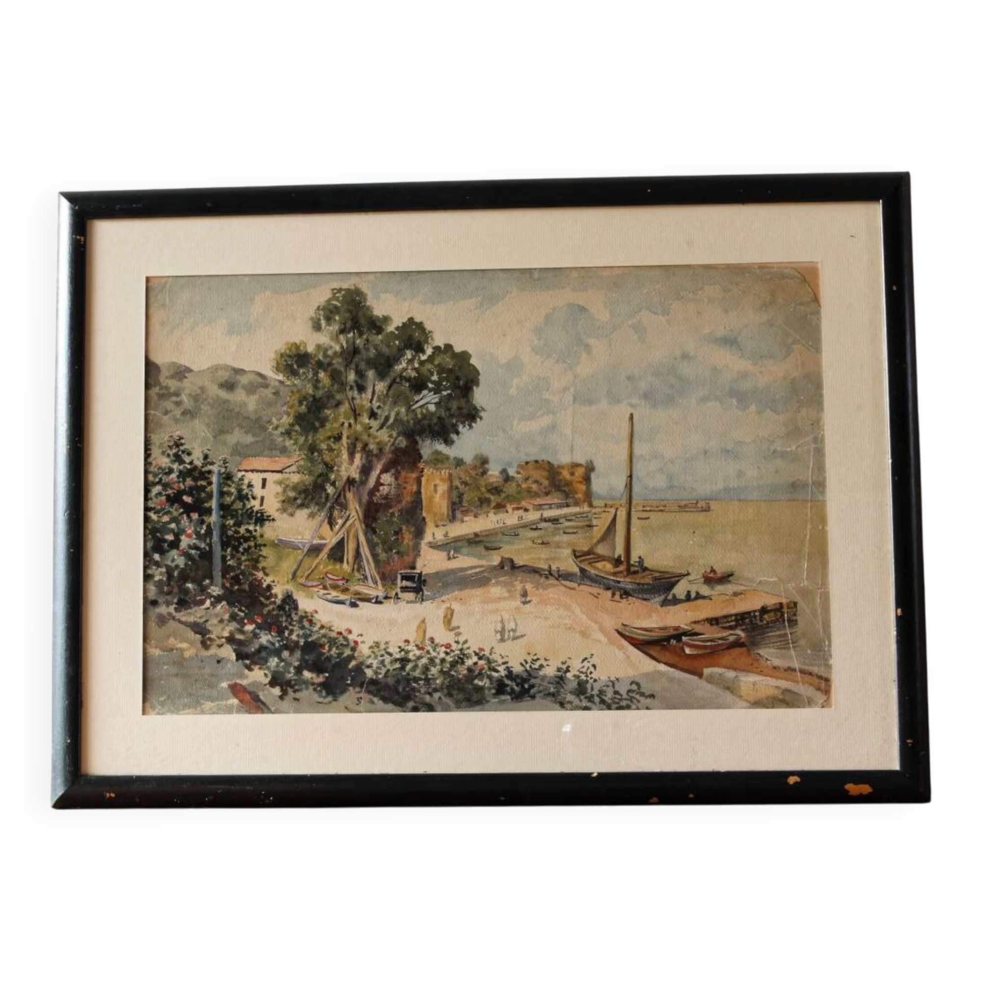 Orientalist watercolor, animated landscape, Mediterranean port