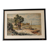 Aquarelle orientaliste, paysage animé, port de Méditerranée