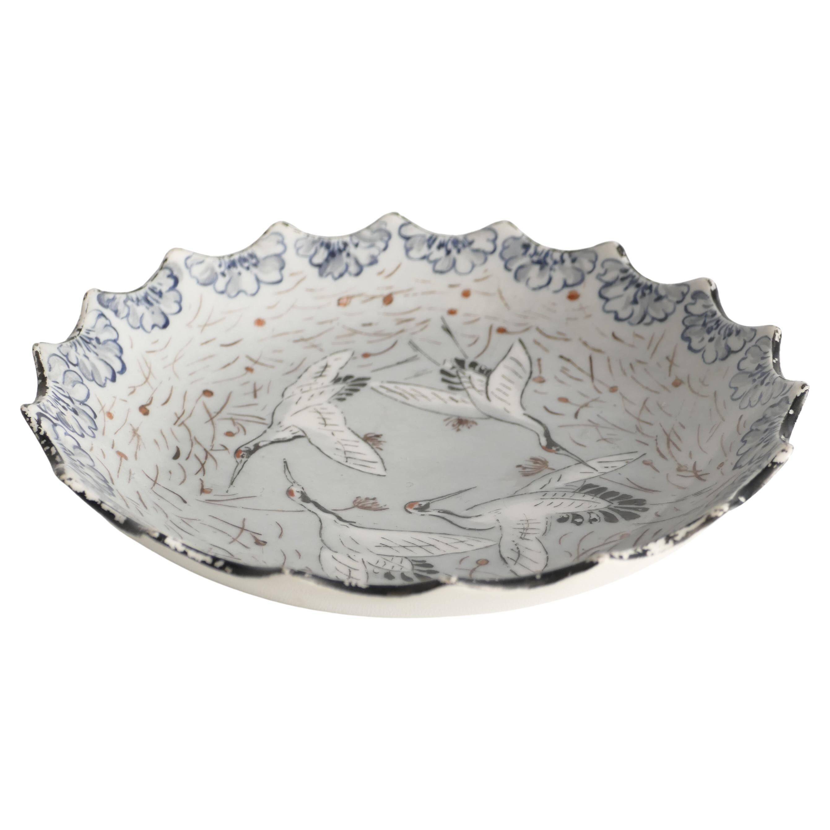 Japanese Meiji Period Light Blue Porcelain Dish with Cranes