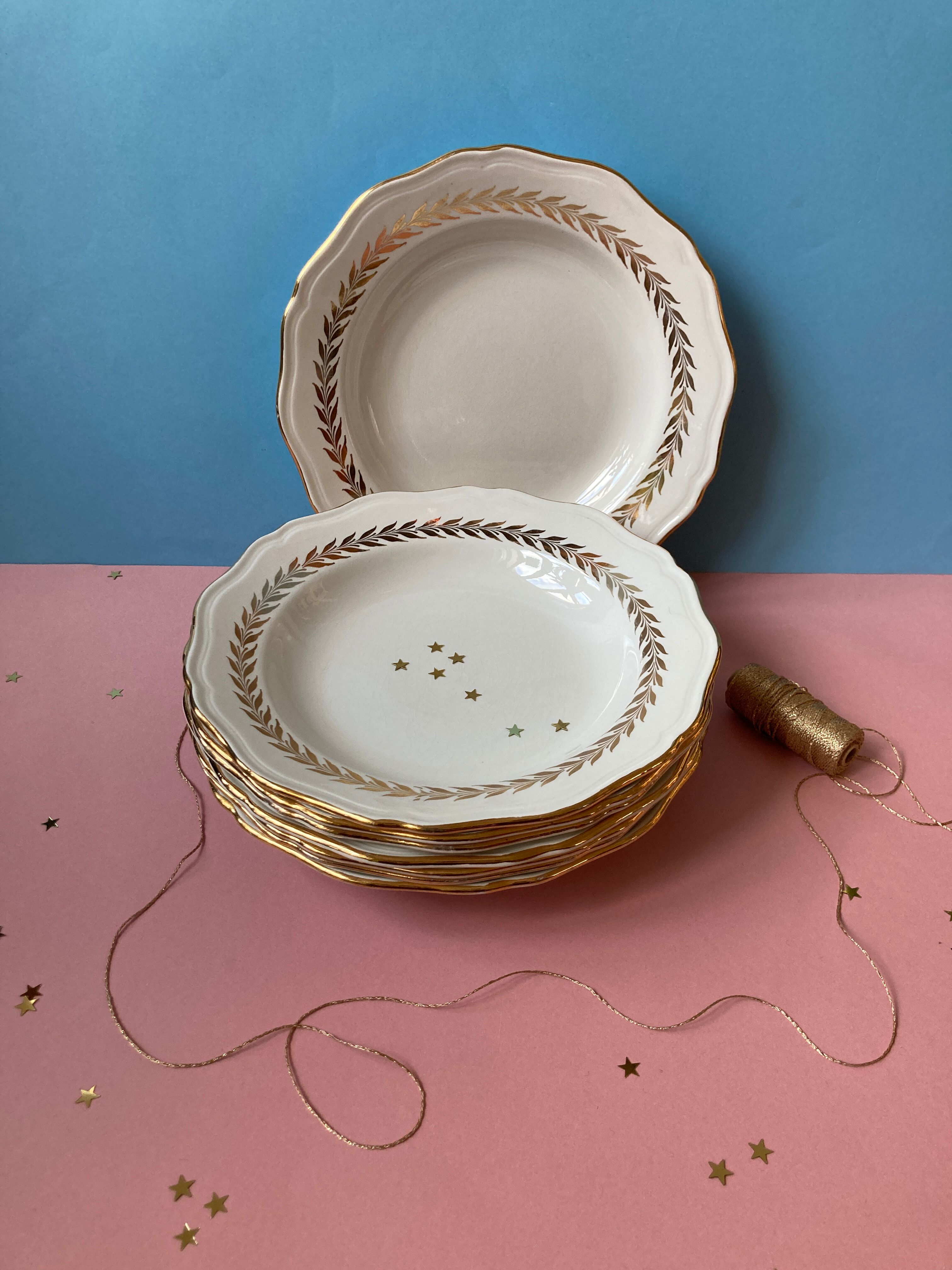 Lots of 9 white hollow plates - golden poreylor the amandinoise france