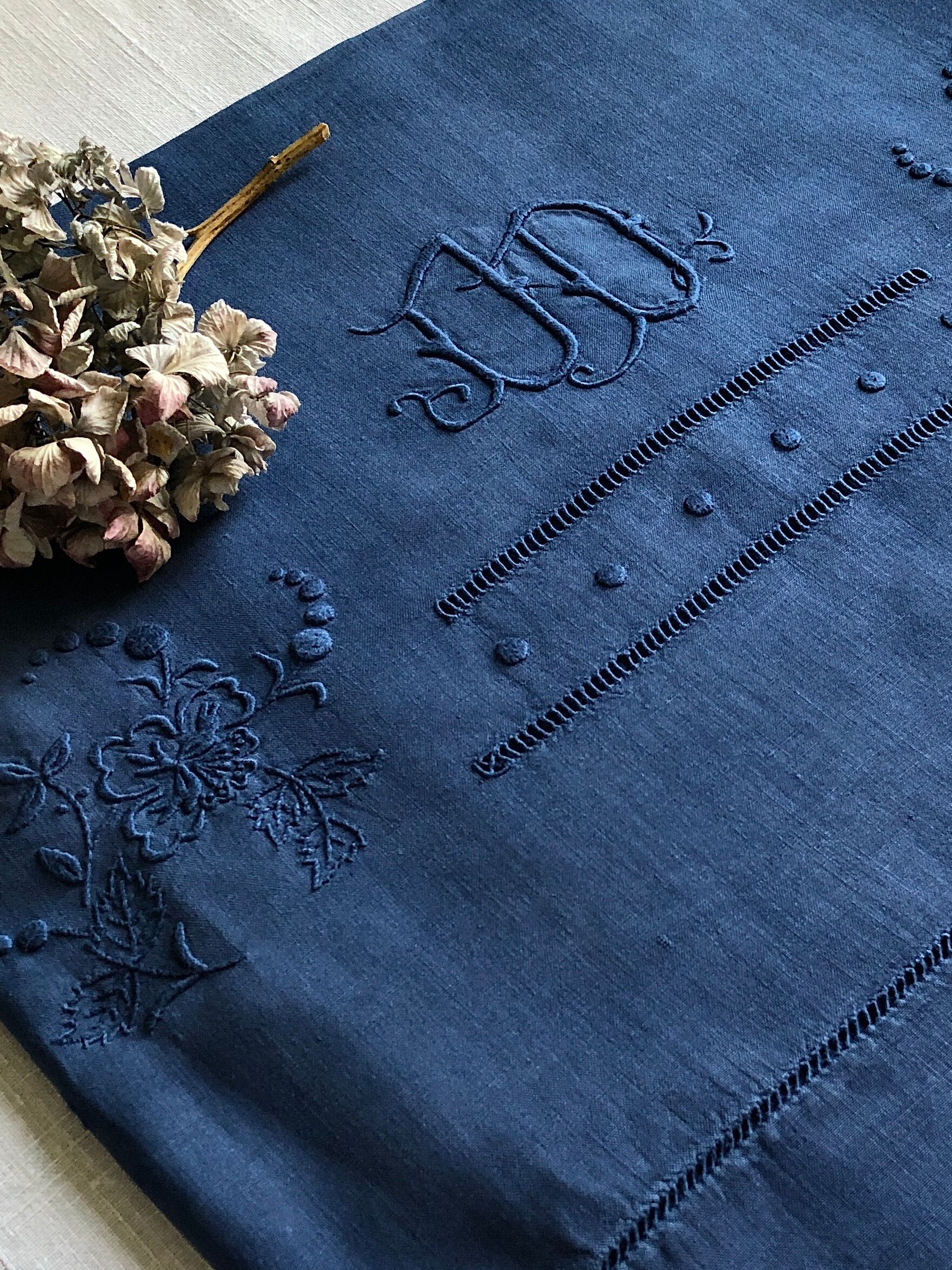 Old sheet in pure thread washed linen tinted in blue