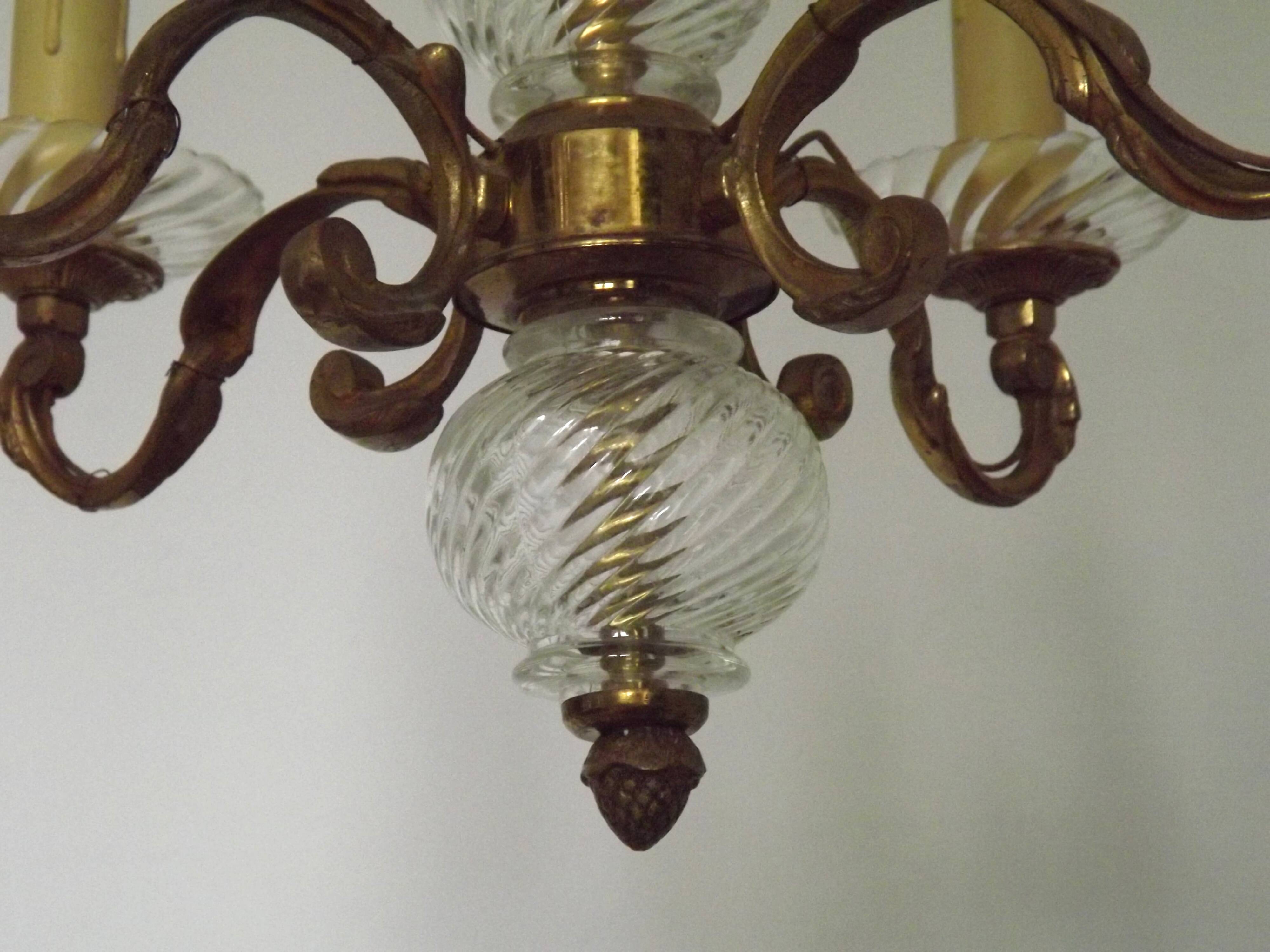 Mid-Century Bronze & Cut Glass 4-Light Chandelier with Fleur-de-Lys Detail