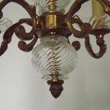 Mid-Century Bronze & Cut Glass 4-Light Chandelier with Fleur-de-Lys Detail