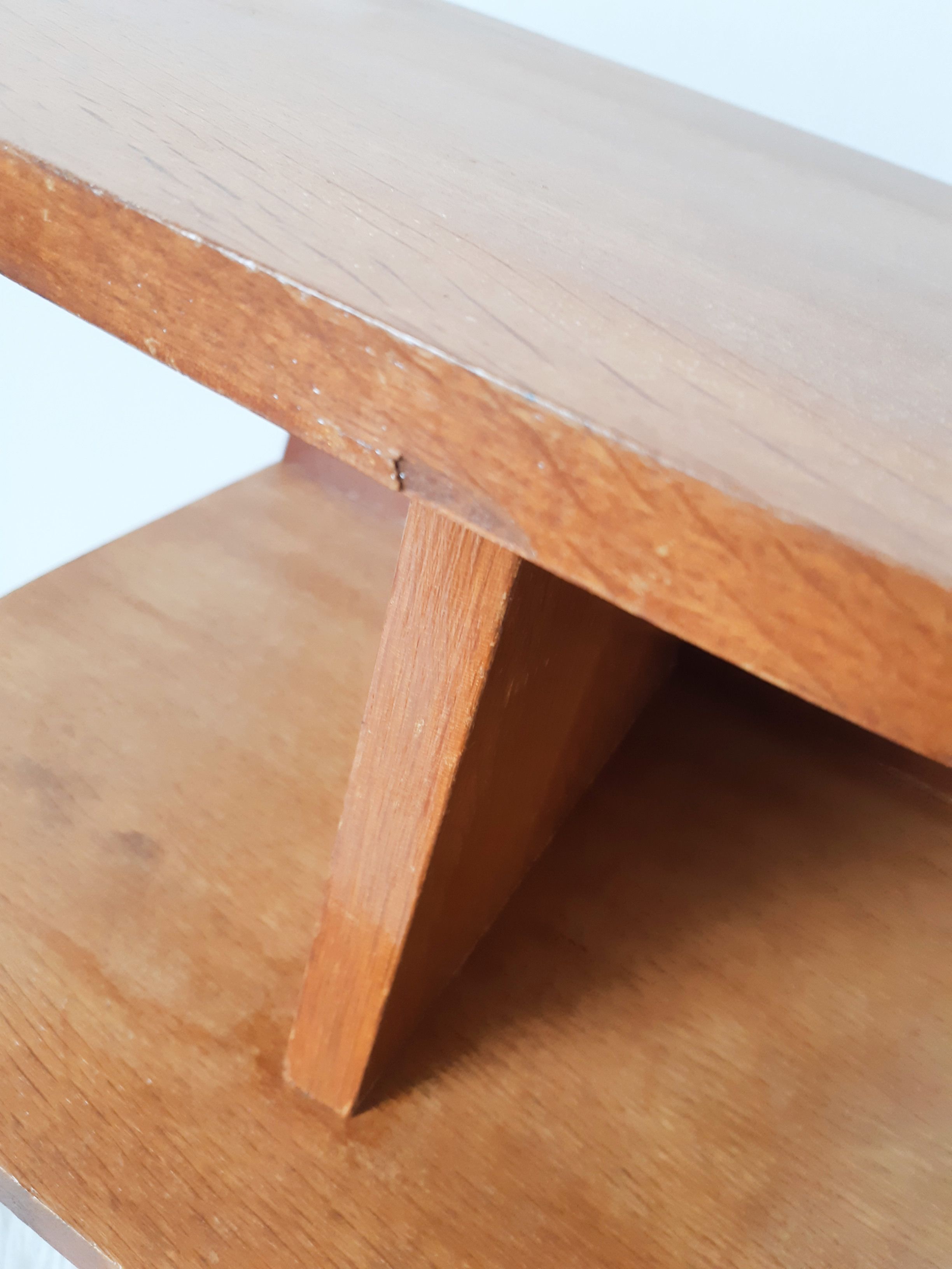 Old bedside table varnished wood, tripod varnished feet, vintage French, 50s (1)