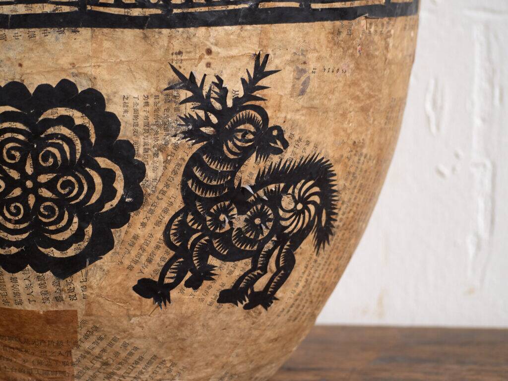 Antique Chinese papier-mâché basket with black papercuts – China, circa 1930