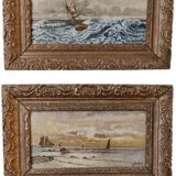 Lot of 2 old marine paintings on wood signed G. Haubois - Gilded frame