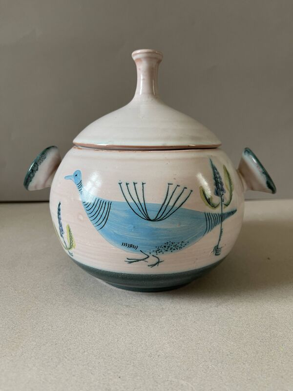 Pot couvert ou soupière d'Yvon Roy décor aux oiseaux vaisselle vintage