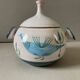 Covered pot or yvon Roy soup decorating with vintage dishwashing birds